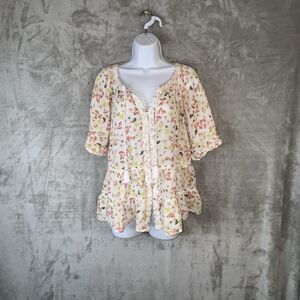J Jill Floral Peasant Blouse Large Cotton Tassel Boho Top Romantic Cottagecore